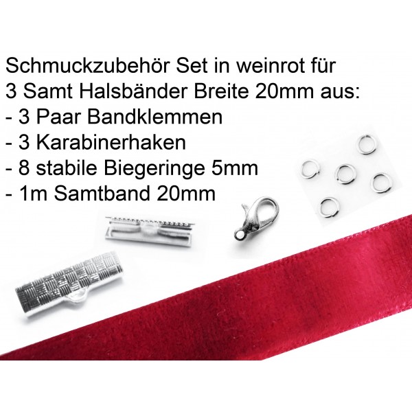 Schmuckzubehör Set in weinrot für 20mm Halsband aus Samtband - Schmuckzubehör Set - Leisure-Beads DIY