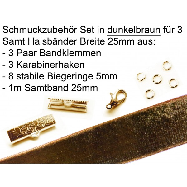 Schmuckzubehör Set in dunkelbraun für 25mm Halsband aus Samtband - Schmuckzubehör Set - Leisure-Beads DIY