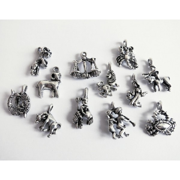 12 silberfarben Sternzeichen Anhänger im Mix 14-18mm silberfarben Schmuckanhänger Sternzeichen - Schmuckzubehör - Leisure-Beads DIY