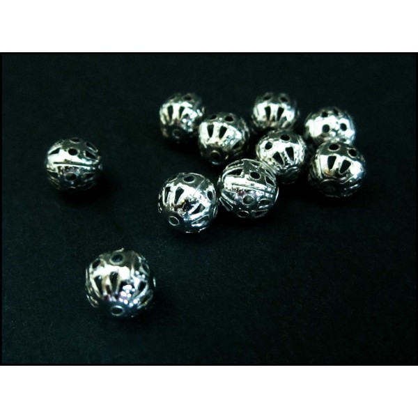 10x filigrane Metallperlen 6mm silberfarben Kugel Spacer - Schmuckzubehör Metallperle - Leisure-Beads DIY