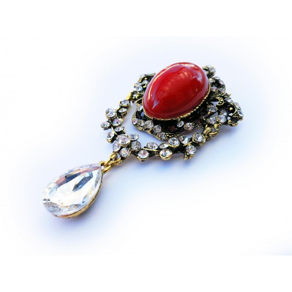 1x goldfarben Barock Anhänger 47x82x14mm mit rotem Stein und Strass - Schmuckzubehör - Leisure-Beads DIY