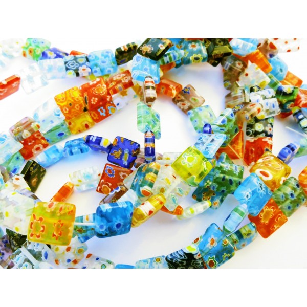 37 Stück bunte Millefioriperlen 10x10mm quadratisch Perlenmix - Schmuckzubehör - Leisure-Beads DIY