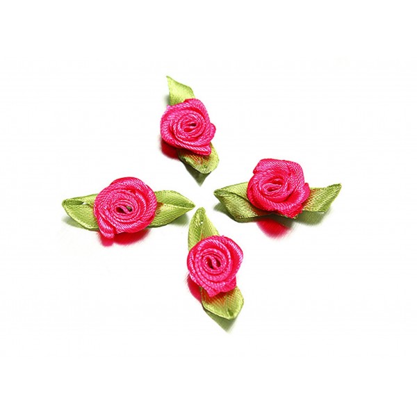 10x fuchsia Satinrose mit grünen Blättern 25x15mm zum Bekleben Scrapbooking - Bastelbedarf Schmuckzubehör - Leisure-Beads DIY