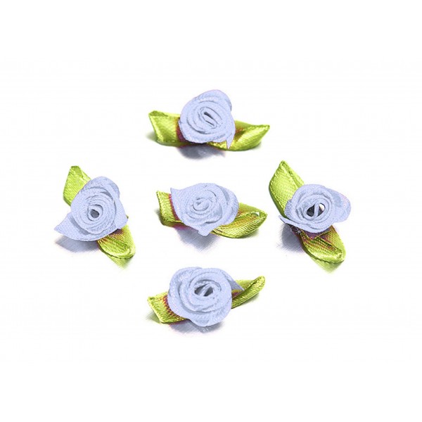10x hellblaue Satinrose mit grünen Blättern 25x15mm zum Bekleben Scrapbooking - Bastelbedarf Schmuckzubehör - Leisure-Beads DIY