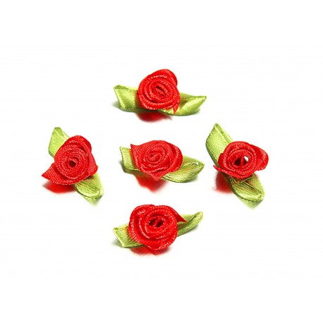 Leisure-Beads - 10x rote Satinrose mit grünen Blättern 25x15mm zum Bekleben Scrapbooking - Bastelbedarf Schmuckzubehör