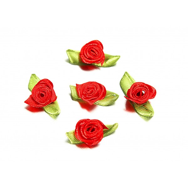10x rote Satinrose mit grünen Blättern 25x15mm zum Bekleben Scrapbooking - Bastelbedarf Schmuckzubehör - Leisure-Beads DIY