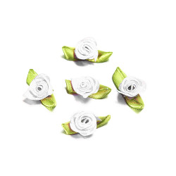 Leisure-Beads - 10x weisse Satinrose mit grünen Blättern 25x15mm zum Bekleben Scrapbooking - Bastelbedarf Schmuckzubehör