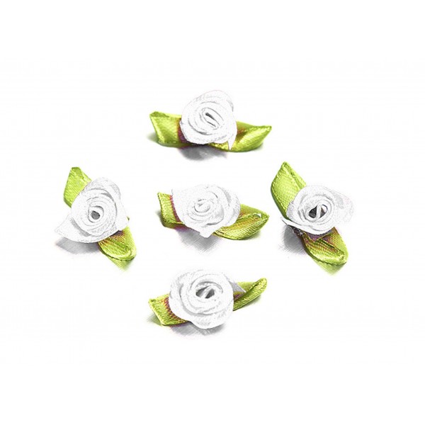 10x weisse Satinrose mit grünen Blättern 25x15mm zum Bekleben Scrapbooking - Bastelbedarf Schmuckzubehör - Leisure-Beads DIY