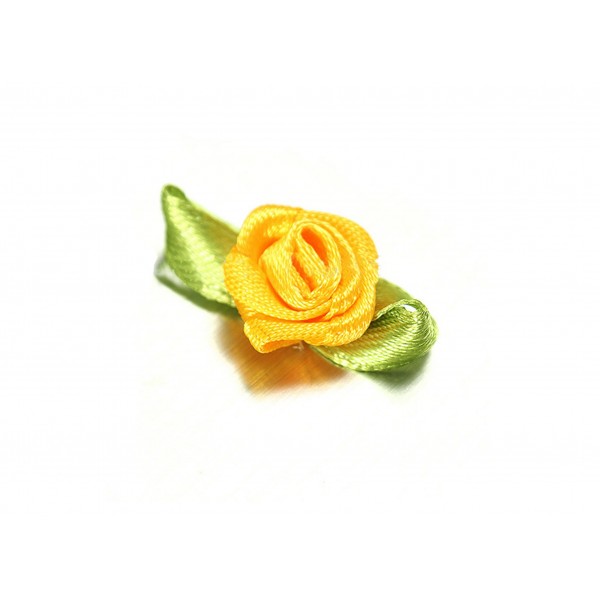 10x gelbe Satinrose mit grünen Blättern 25x15mm zum Bekleben Scrapbooking - Bastelbedarf Schmuckzubehör - Leisure-Beads DIY