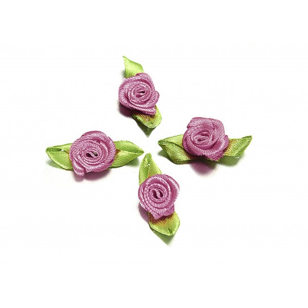 10x flieder Satinrose mit grünen Blättern 25x15mm zum Bekleben Scrapbooking - Bastelbedarf Schmuckzubehör - Leisure-Beads DIY