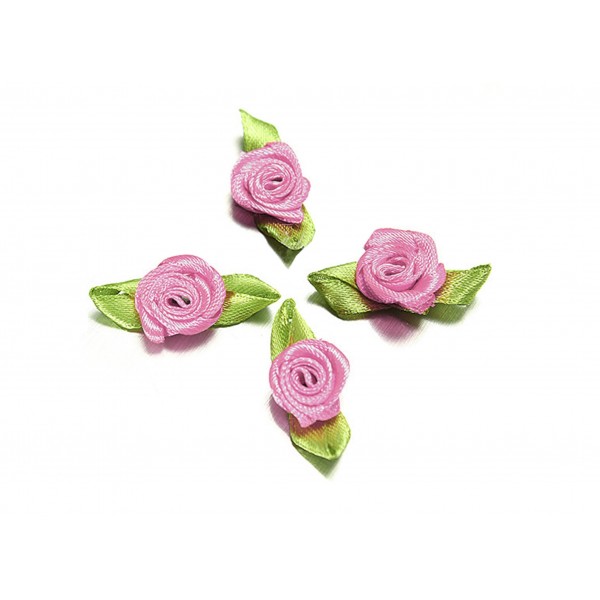 10x hellflieder Satinrose mit grünen Blättern 25x15mm zum Bekleben Scrapbooking - Bastelbedarf Schmuckzubehör - Leisure-Beads DIY