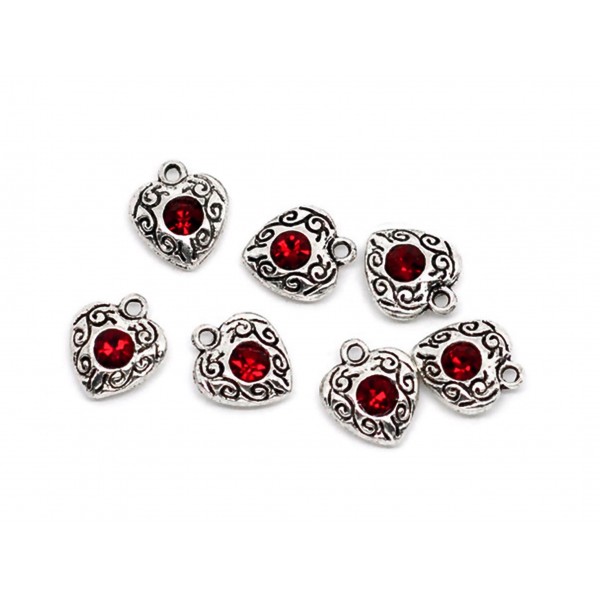 1x Herz Strass Anhänger 12x10mm silberfarben roter Herz Anhänger Herz Schmuckanhänger - Schmuckzubehör - Leisure-Beads DIY