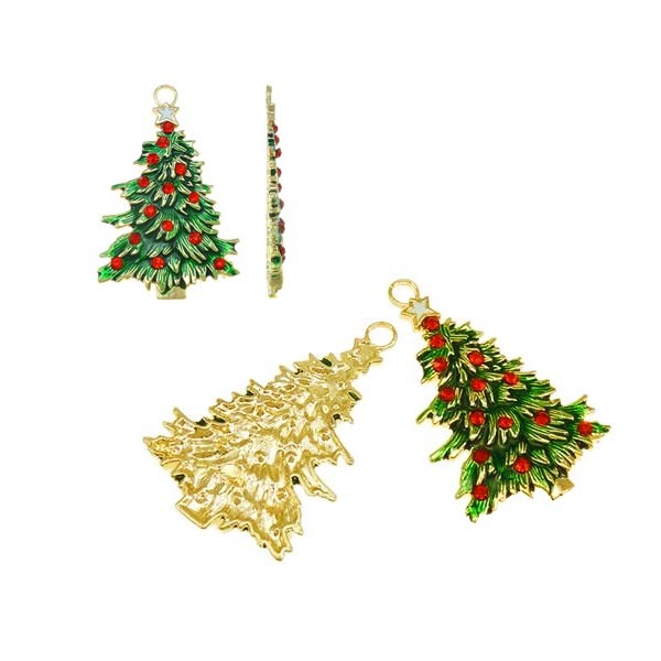1x goldfarben rot grüner Weihnachtsbaum Anhänger 44x69x4mm X-Mas goldfarben Schmuckanhänger - Schmuckzubehör Weihnachten - Leisure-Beads DIY