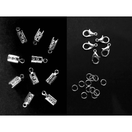 Leisure-Beads - 10 hellsilberfarben Endkappen 12x5mm + Karabiner + Biegeringe als Schmuckzubehör Set für Schmuckband - Schmuckzubehör Set