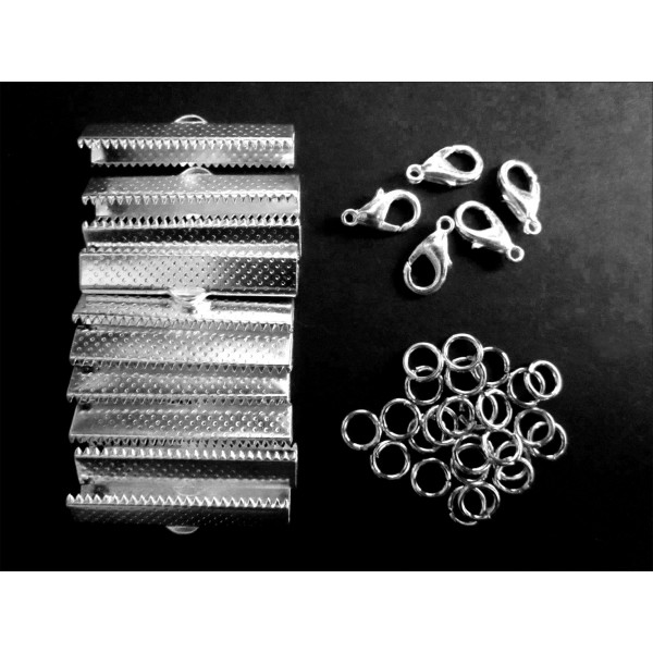 10 hellsilberfarben Bandklemmen 35mm + Karabiner + Biegeringe Schmuckzubehör Set - Leisure-Beads DIY