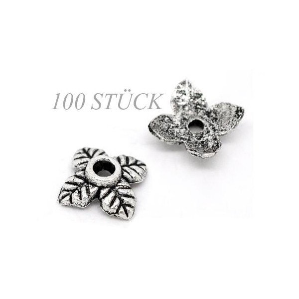 100 flache silberfarben Perlenkappen 6x6x2mm Blattform silberfarbene runde Perlen Kappen - Schmuckzubehör Perlenkappe - Leisure-Beads DIY