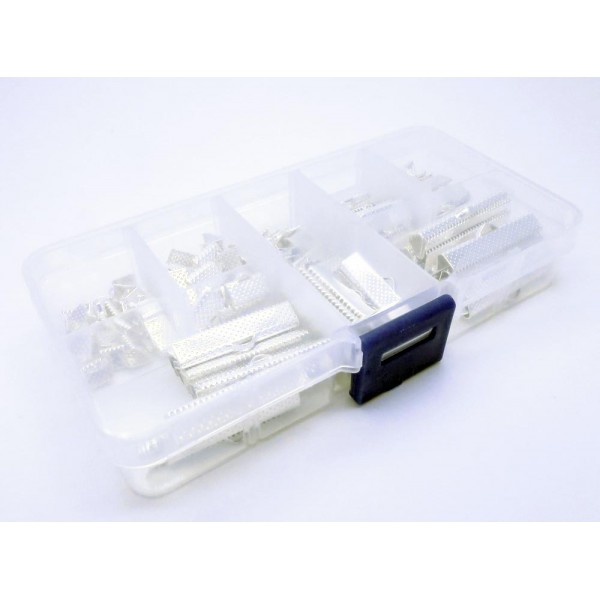 100 hellsilberfarbene Bandklemmen 6-35mm in verschiedenen Größen Sortiment in Box - Schmuckzubehör Set - Leisure-Beads DIY