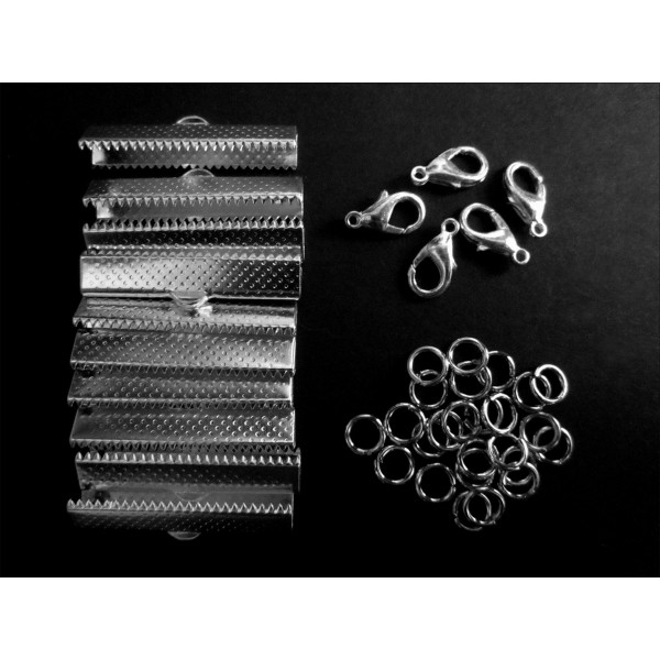 10x silberfarbene Bandklemmen 35mm + Karabiner + Biegeringe - Schmuckzubehör Set - Leisure-Beads DIY