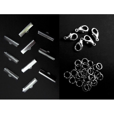 Leisure-Beads - 10 silberfarbene Bandklemmen 25mm + Karabiner + Biegeringe - Schmuckzubehör Set