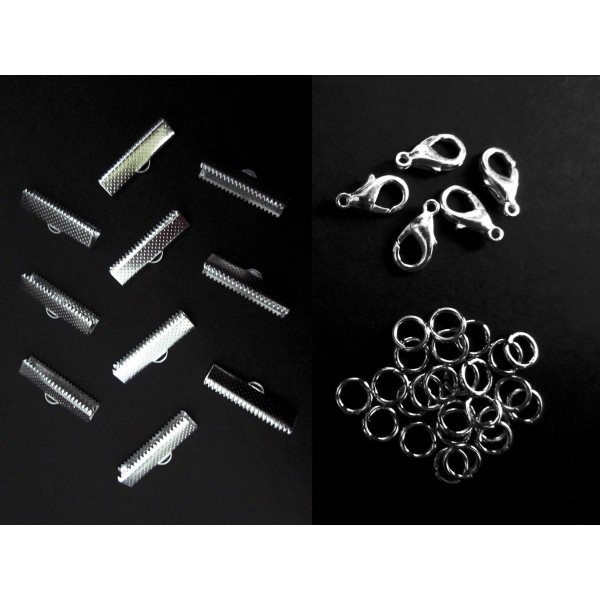 10 silberfarbene Bandklemmen 25mm + Karabiner + Biegeringe - Schmuckzubehör Set - Leisure-Beads DIY