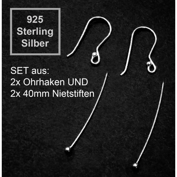 2x 925 Sterling Silber Ohrfedern + 40mm Nietstiften mit Stopper - Schmuckzubehör - Leisure-Beads DIY