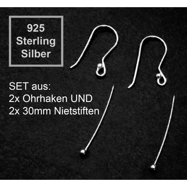 2x 925 Sterling Silber Ohrfedern + 30mm Nietstiften mit Stopper - Schmuckzubehör - Leisure-Beads DIY