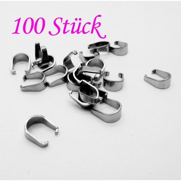 100x Edelstahl Collierschlaufe 8x3,5mm silberfarben Anhängerhaken silberfarben - Schmuckzubehör Collierschlaufe - Leisure-Beads DIY