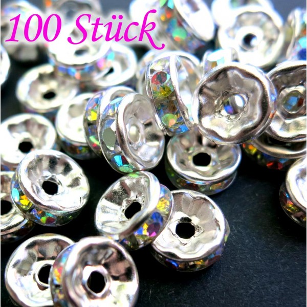 100x hellsilberfarben Strass Rondelle 8mm mit AB-Effekt runde Strassrondelle - Schmuckzubehör Rondell - Leisure-Beads DIY