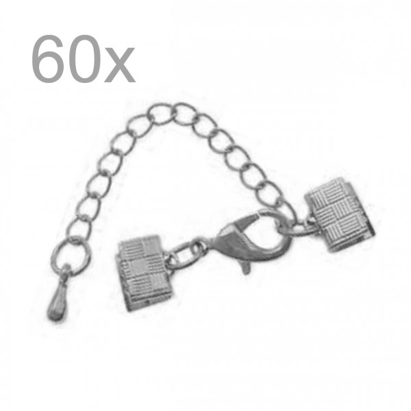 60x 7mm Bandklemme silberfarbener Verschluss mit Karabiner und Kette - Schmuckzubehör - Leisure-Beads DIY