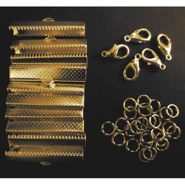 10x goldfarbene Bandklemmen 35mm + Karabiner + Biegeringe - Schmuckzubehör Set - Leisure-Beads DIY