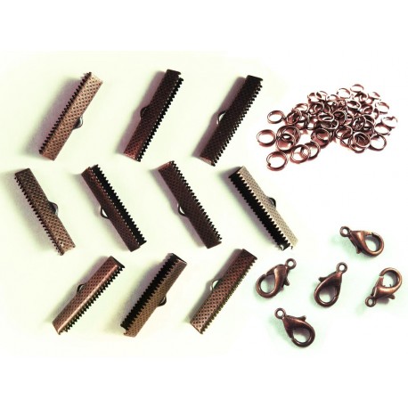 Leisure-Beads - 10 kupferfarbene Bandklemmen 35mm + Karabiner + Biegeringe - Schmuckzubehör Set