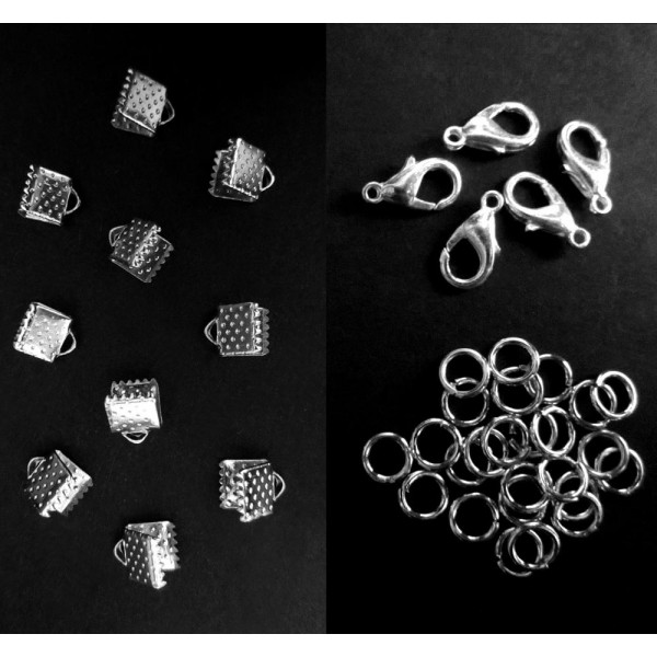 10 silberfarbene Bandklemmen 6mm + Karabiner + Biegeringe - Schmuckzubehör Set - Leisure-Beads DIY