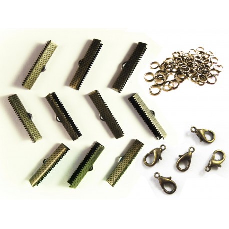 Leisure-Beads - 10 bronzefarbene Bandklemmen 25mm + Karabiner + Biegeringe - Schmuckzubehör Set