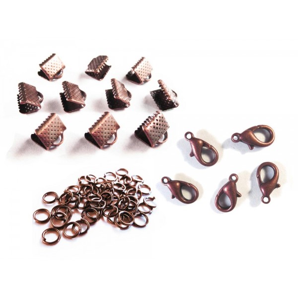 10 kupferfarbene Bandklemmen 8mm + Karabiner + Biegeringe - Schmuckzubehör Set - Leisure-Beads DIY