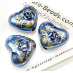 Leisure-Beads - 1x blaue Acryl Herz Perle 19x16mm mit Rose - Acryl Schmuckzubehör