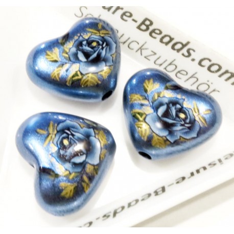 Leisure-Beads - 1x blaue Acryl Herz Perle 19x16mm mit Rose - Acryl Schmuckzubehör