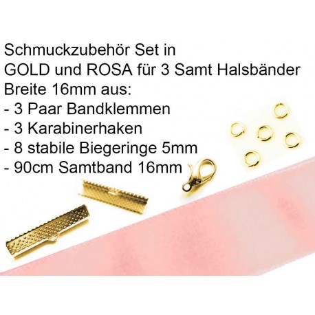 Leisure-Beads - Schmuckzubehör Set in rosa für 16mm Halsband aus Samtband - Schmuckzubehör Set