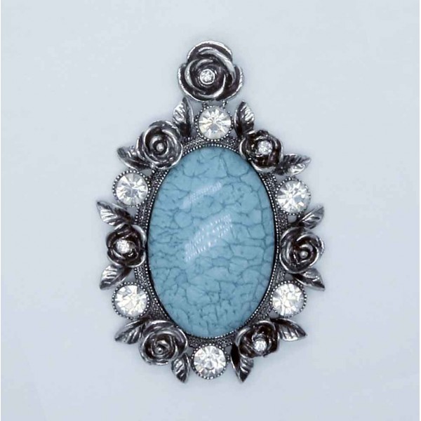 1x silberfarben blauer Barock Anhänger 50x74x10mm mit Rosen und Strass - Schmuckzubehör - Leisure-Beads DIY