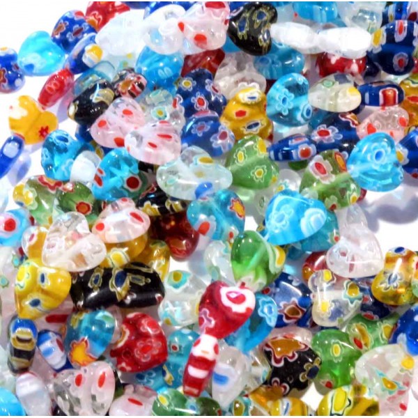 36 Stück bunte Herz Millefiori Perlen 10mm - Schmuckzubehör - Leisure-Beads DIY