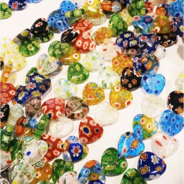 25 Stück bunte Herz Millefiori Perlen 14mm - Schmuckzubehör - Leisure-Beads DIY