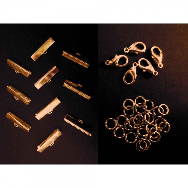10 rosegoldfarbene Bandklemmen 25mm + Karabiner + Biegeringe Schmuckzubehör Set - Leisure-Beads DIY