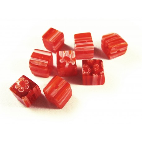 Leisure-Beads - 8x Rote Millefiori Perlen Würfel 8mm - Schmuckzubehör