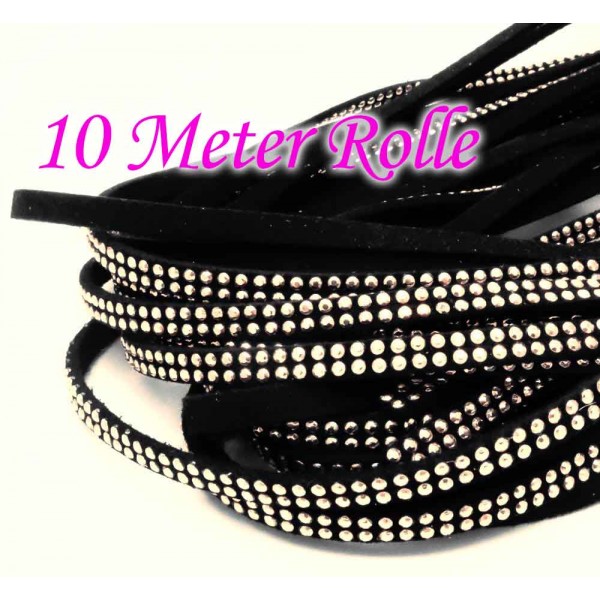 10m schwarzes Kunstlederband 5mm mit hellsilberfarben Nieten schwarzes Schmuckband in Wildlederoptik - Schmuckzubehör Lederband - Leisure-Beads DIY