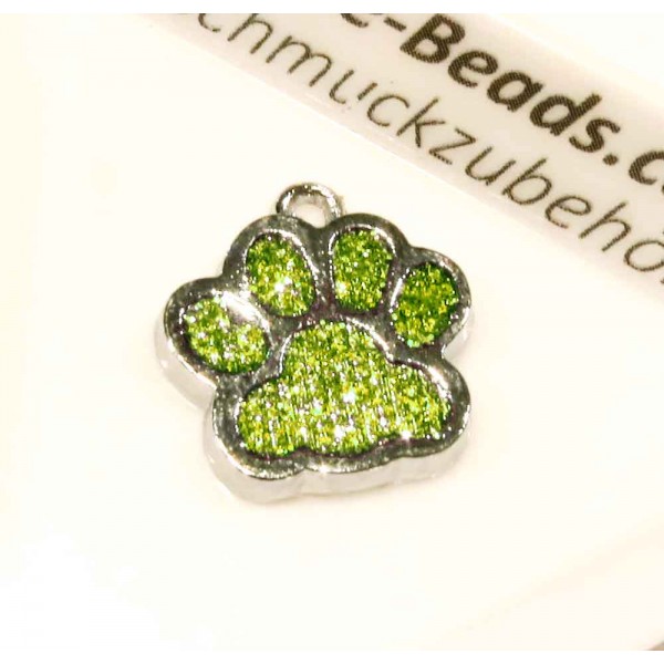 1x lindgrün silberfarben Pfote Anhänger 18x16mm Glitzer Pfotenabdruck - Schmuckzubehör - Leisure-Beads DIY