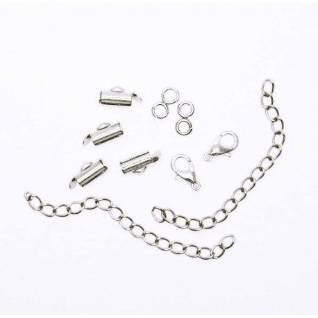 Leisure-Beads - 4x 10mm silberfarbene Perlenband Verbinder und Verlängerungskettchen als Set - Schmuckzubehör