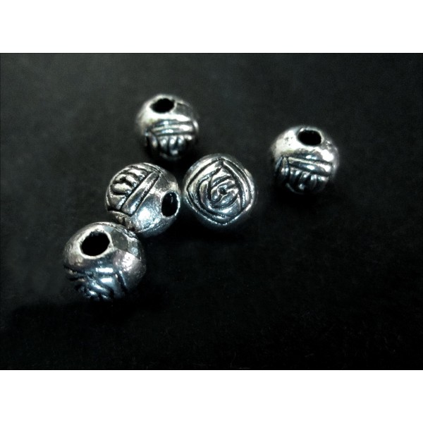 5x silberfarbene 6x6mm Metallperlen Rosenmotiv Spacer - Schmuckzubehör Metallperle