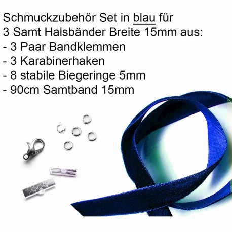 Leisure-Beads - Schmuckzubehör Set blau für 15mm Halsband mit Samtband + Verschlüsse + Ringe
