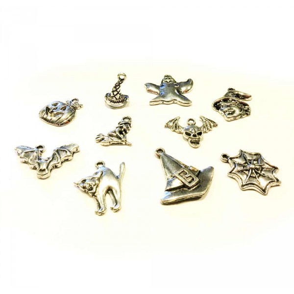10 silberfarbene Halloween Anhänger 15-24mm Schmuckanhänger Mix - Schmuckzubehör - Leisure-Beads DIY