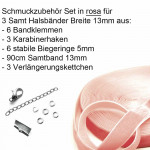 Rosa Halsband Set 13mm mit Samtband, Verschluss und Kettchen - Schmuckzubehör Set