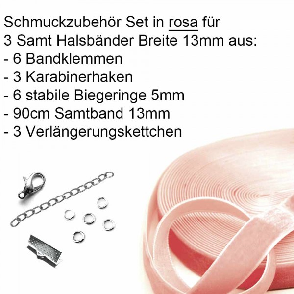Rosa Halsband Set 13mm mit Samtband, Verschluss und Kettchen - Schmuckzubehör Set - Leisure-Beads DIY